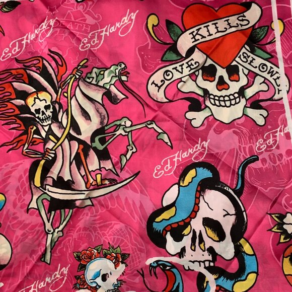 ED HARDY Love Kills Slowly Skull Square Scarf in Hot Pink - Picture 2 of 3